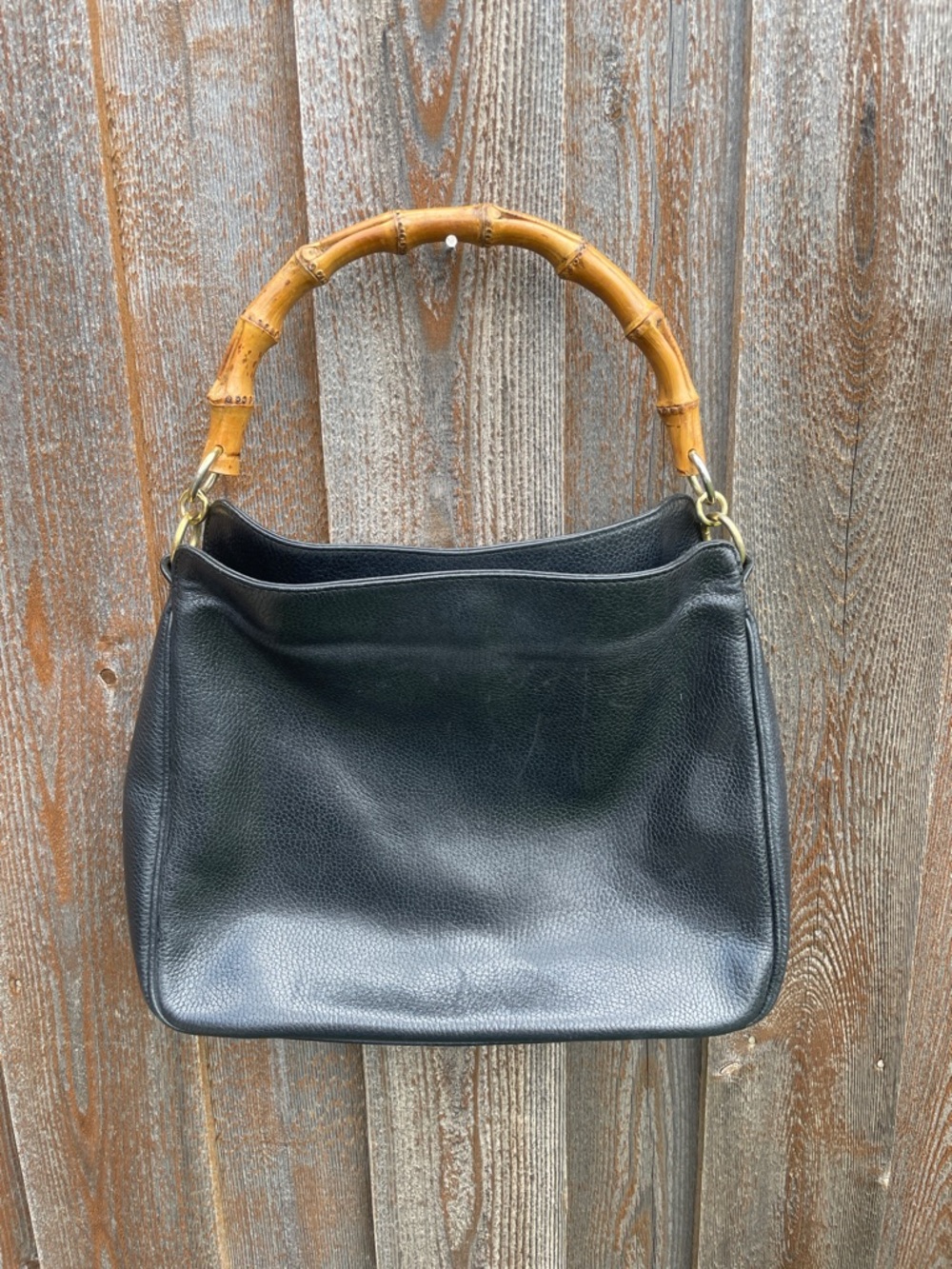 Black Leather Shoulder Bag with Bamboo Handle